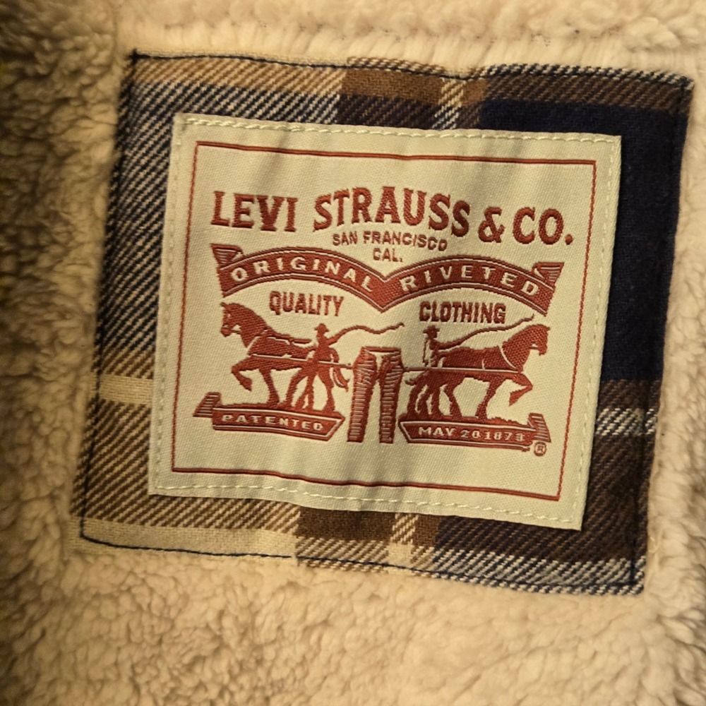 Levis Mens Hooded Flannel Sherpa Lined Plaid Shirt Jacket Tan Brown Blue Large - Picture 5 of 8